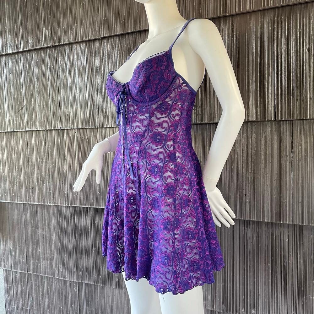 🔥Vintage Y2K Frederic Of Hollywood Purple Lace Babydoll Lace Up Coquette Dainty - Picture 2 of 16